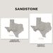 Two gray Texas state map art prints labeled Landscape (Horizontal) and Portrait (Vertical) on a light beige background, with the word SANDSTONE at the top.