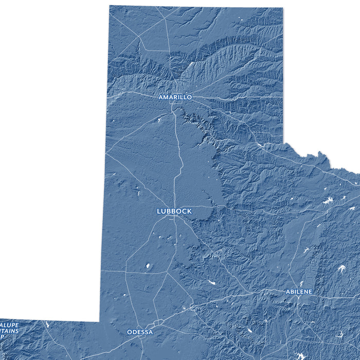 A blue shaded relief map of South Dakota showing topographic terrain and labeled cities including Amarillo, Lubbock, Odessa, and Abilene.