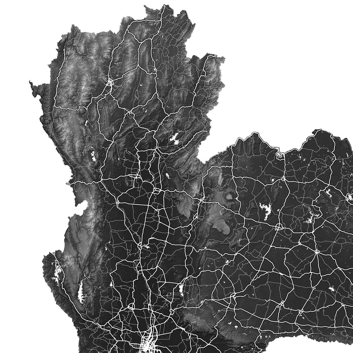 Black and white topographic map of a region with detailed landforms and roads.