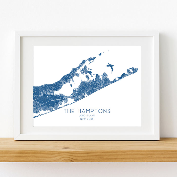 Framed map of The Hamptons, Long Island, New York on a white background