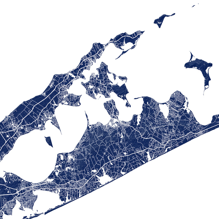 Map of a coastal region with roads and water bodies in blue on a white background