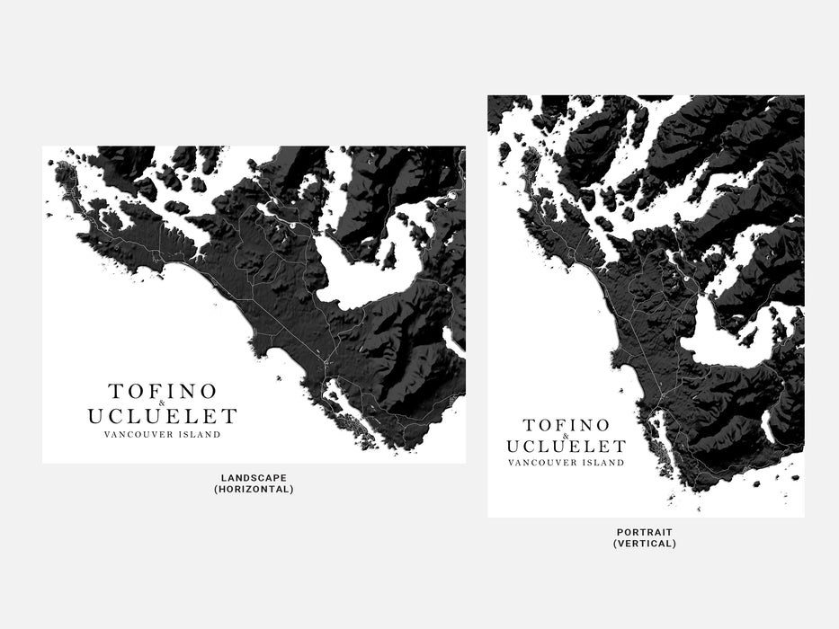 Two black and white maps of Tofino Ucluelet, Vancouver Island, one in landscape and one in portrait orientation.