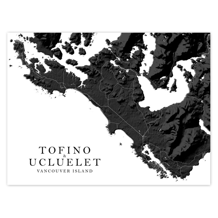 Map of Tofino and Ucluelet on Vancouver Island with black and white color scheme.