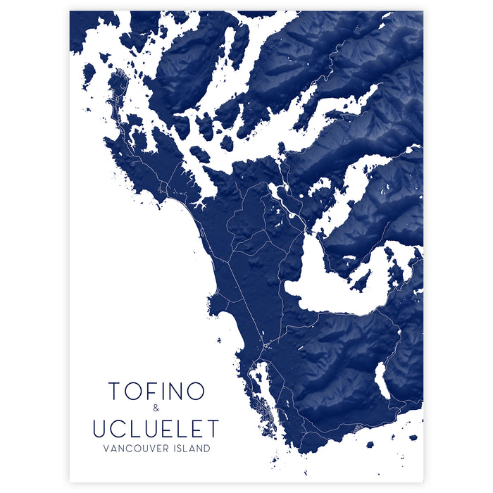 Map of Tofino and Ucluelet on Vancouver Island with a blue and white color scheme.