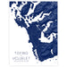 Map of Tofino and Ucluelet on Vancouver Island with a blue and white color scheme.
