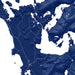 Topographic map of a coastal area with blue and white colors