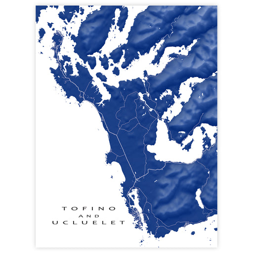 Map of Tofino and Ucluelet with blue and white colors on a white background
