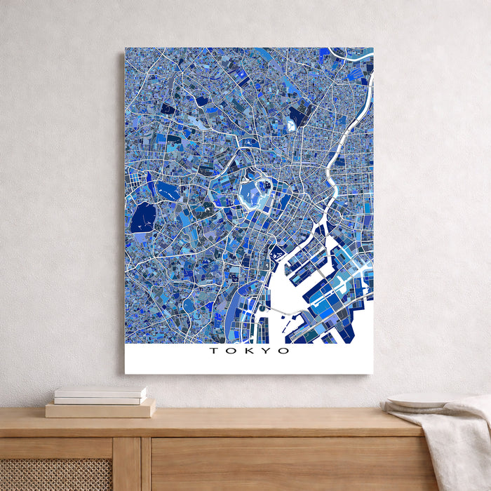 Map of Tokyo in blue and white on a wall above a wooden shelf.