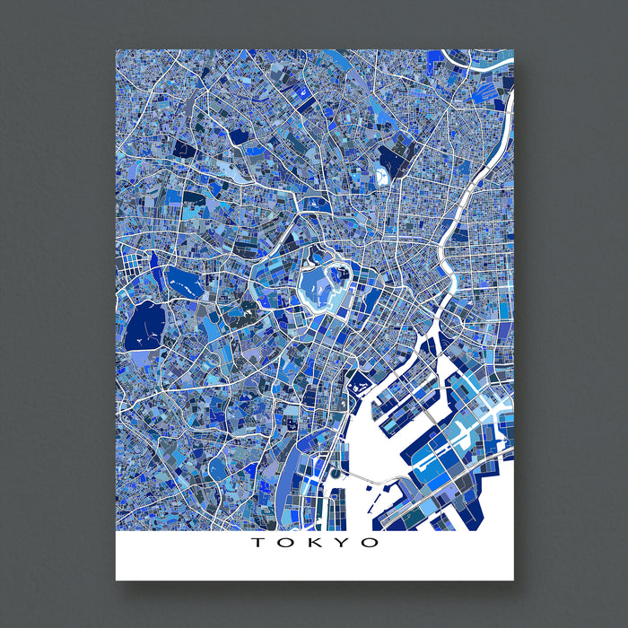 Map of Tokyo in blue tones on a dark gray background