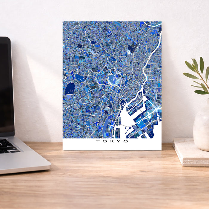 Map of Tokyo on a wall next to a laptop and plant