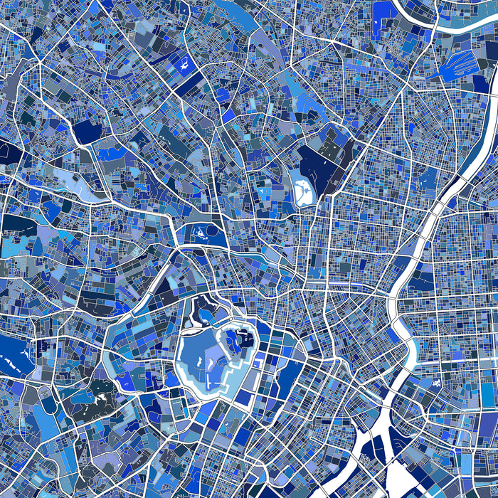 Map of a city with blue and white color scheme