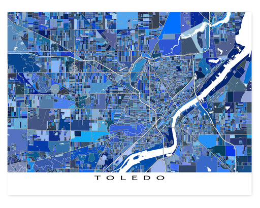 Toledo, Ohio map art print in blue shapes designed by Maps As Art.