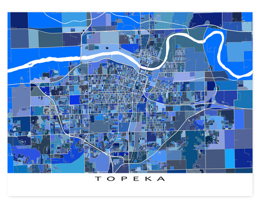 Topeka, Kansas map art print in blue shapes designed by Maps As Art.
