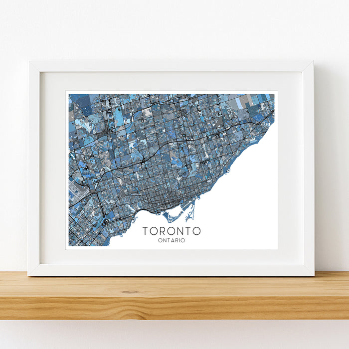 Framed map of Toronto, Ontario on a white wall