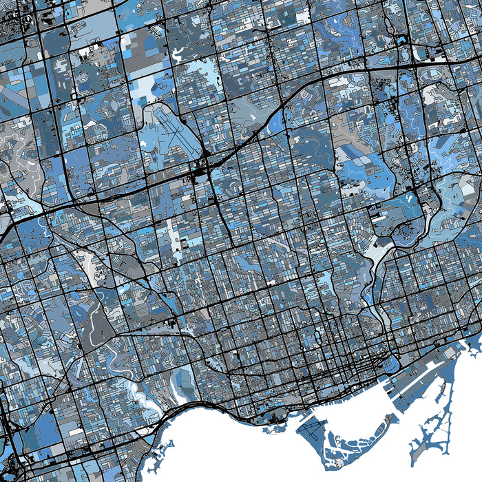 Map of a city with grid lines and blue color coding