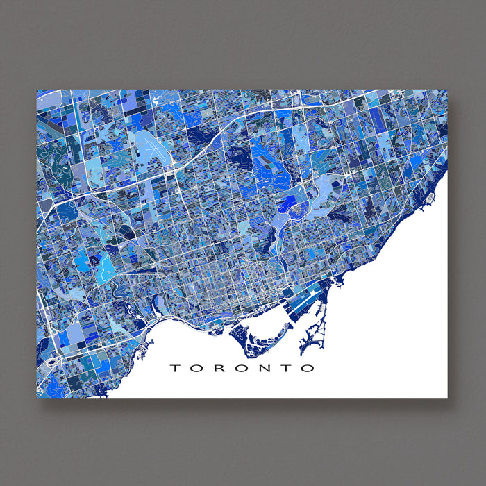 Map of Toronto with blue and white color scheme on a gray background