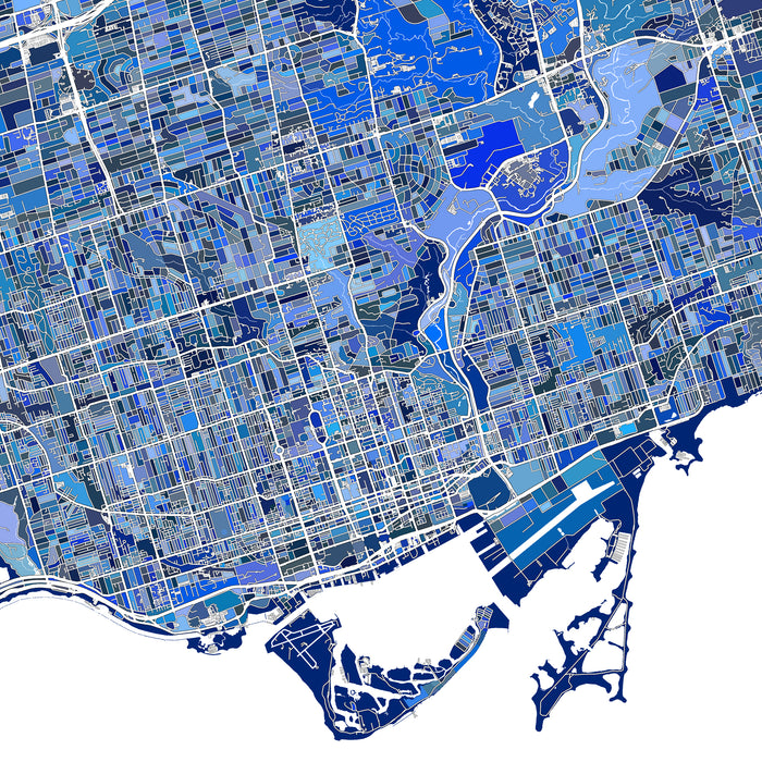 Map of a city with grid layout and varying shades of blue
