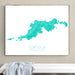 Framed map of Tortola, British Virgin Islands, in turquoise on a white background, hanging on a wall.