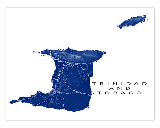 Trinidad and Tobago map print with natural island landscape and main roads designed by Maps As Art.