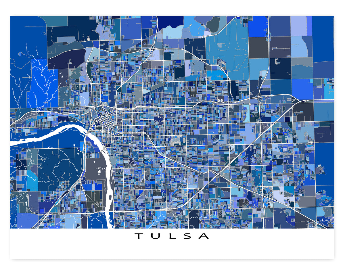 Tulsa Oklahoma City Street Map Wall Art Print Poster with Blue Geometr ...