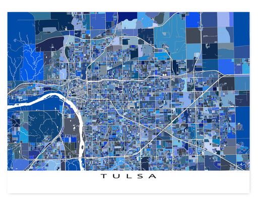 Tulsa, Oklahoma map art print in blue shapes designed by Maps As Art.