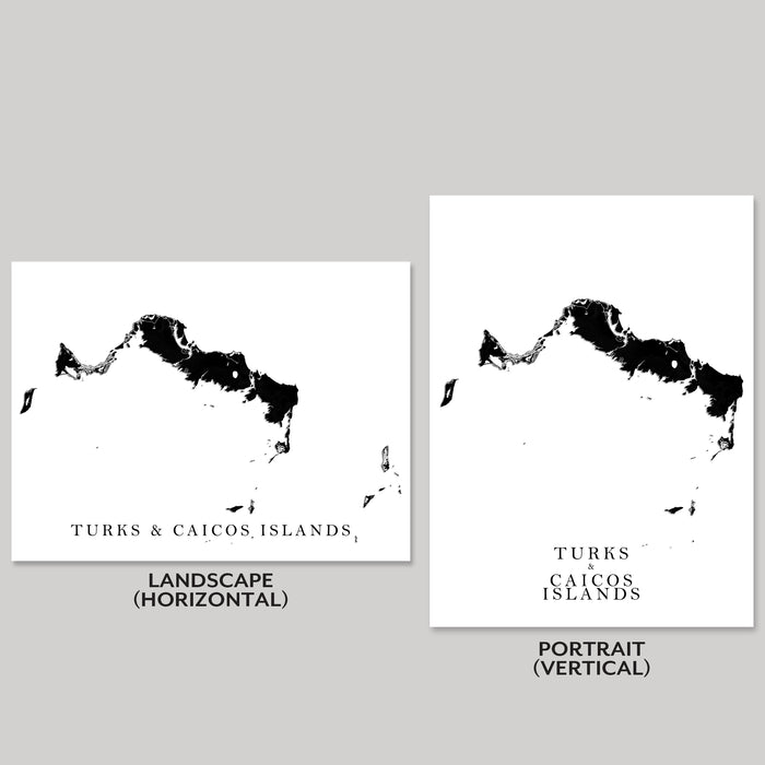 Two black and white maps of Turks and Caicos Islands, one landscape and one portrait orientation, on a gray background.