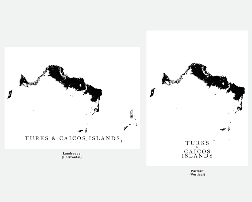 Turks and Caicos Islands map print with a black and white topographic landscape design by Maps As Art.