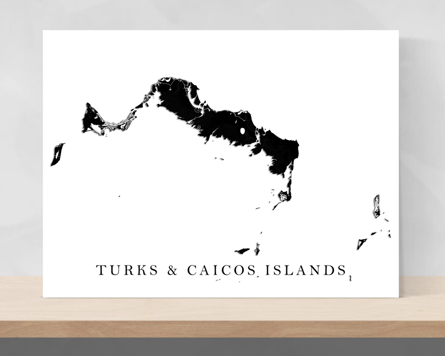Turks and Caicos Islands map print with a black and white topographic landscape design by Maps As Art.