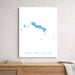 Map of Turks and Caicos on a white wall above a wooden shelf.