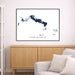 Framed map of Turks and Caicos on a wall above a wooden cabinet and sofa.