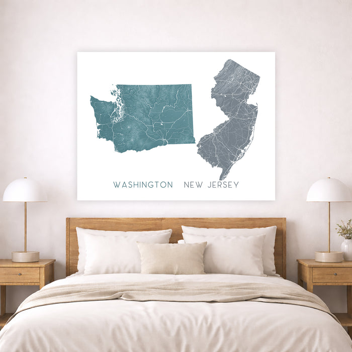 Map of Washington and New Jersey on a wall above a bed in a bedroom.