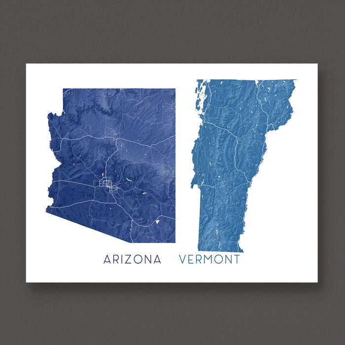 Map comparison of Arizona and Vermont on a white background with blue coloring.