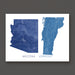 Map comparison of Arizona and Vermont on a white background with blue coloring.