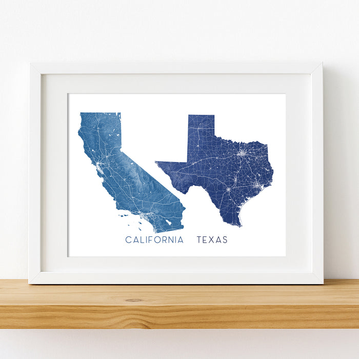 Framed map print of California and Texas on a white wall.