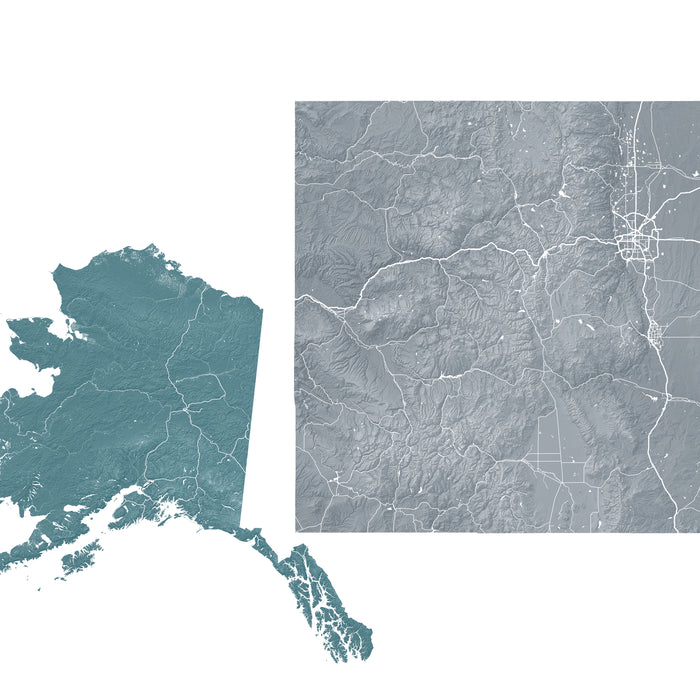 Map of Alaska with a close-up of a different area on a white background