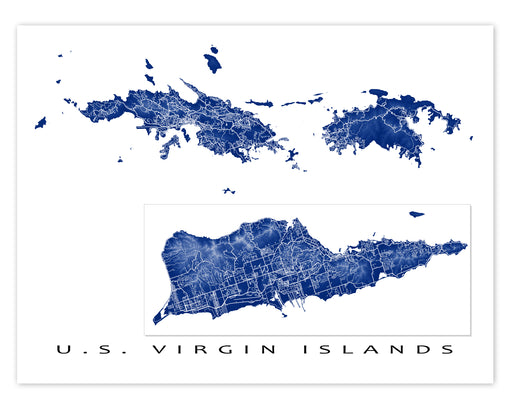 US Virgin Islands map print with natural island landscape and main roads designed by Maps As Art.