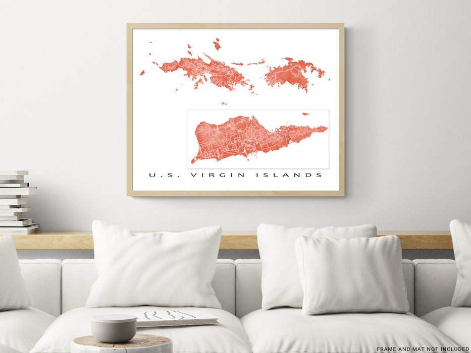 US Virgin Islands map print with natural island landscape and main roads designed by Maps As Art.