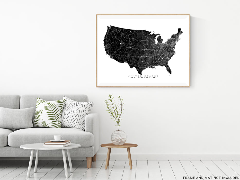 USA map print with main roads designed by Maps As Art.