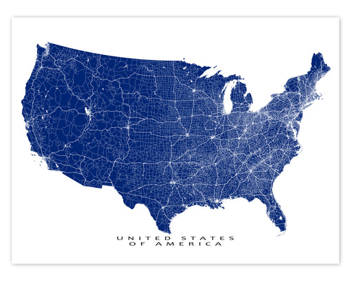 USA map print with main roads designed by Maps As Art.