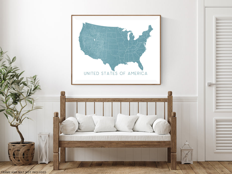 Topographic USA map print with main highways by Maps As Art.