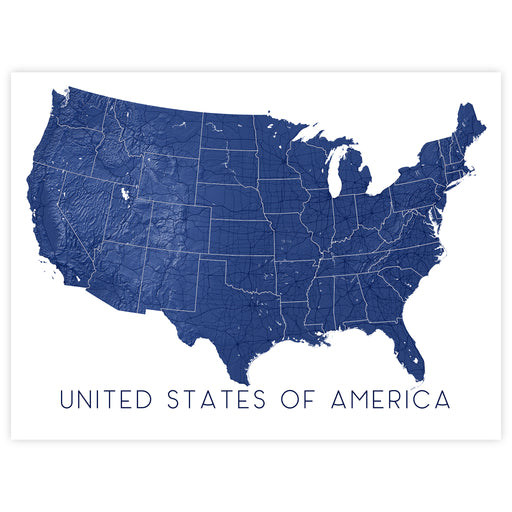 Map of the United States with state boundaries in blue on a white background