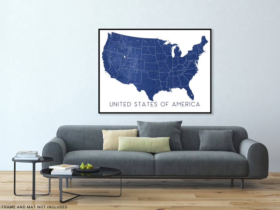Topographic USA map print with main highways by Maps As Art.