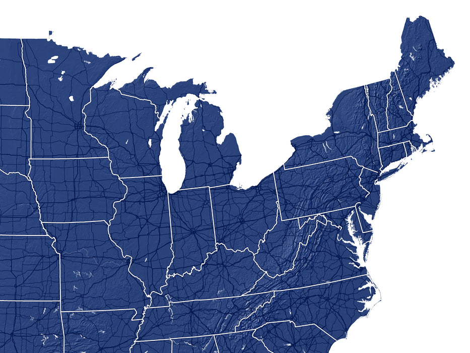 Topographic USA map print with main highways by Maps As Art.