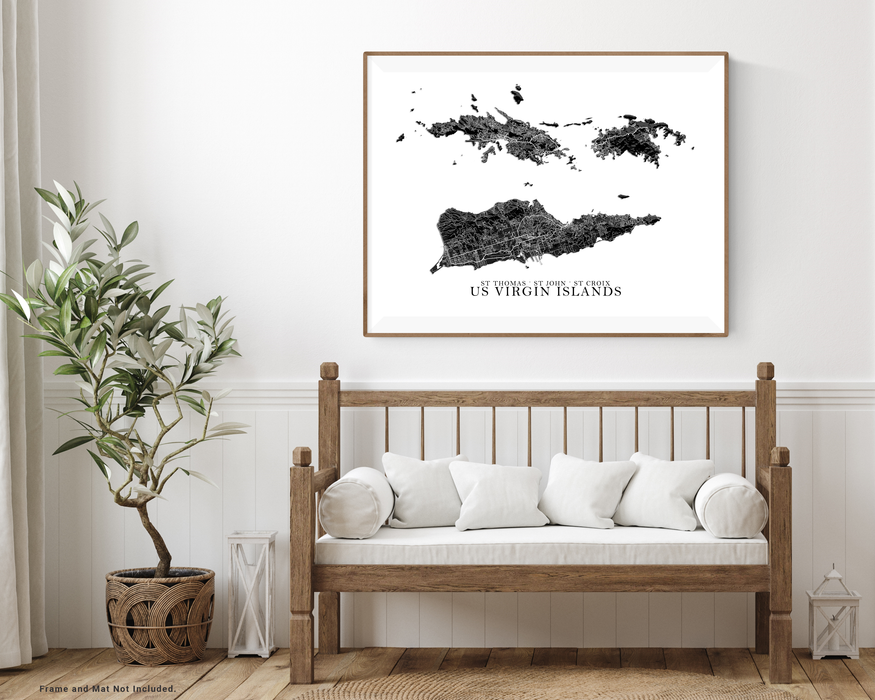 US Virgin Islands black and white map print with a 3D topographic landscape design by Maps As Art.