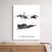 Map of US Virgin Islands on a white wall above a wooden shelf.