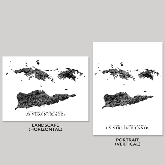 Two maps of US Virgin Islands, one landscape and one portrait, on a gray background.
