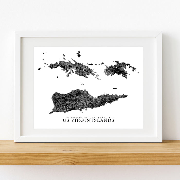Framed map of US Virgin Islands on a white wall