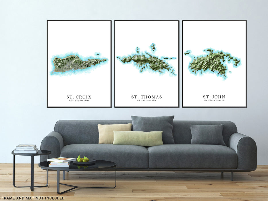 US Virgin Islands (St. Croix, St. John and St. Thomas) map prints/posters with a watercolour style design, main island roads and topographic landscape features by Maps As Art.