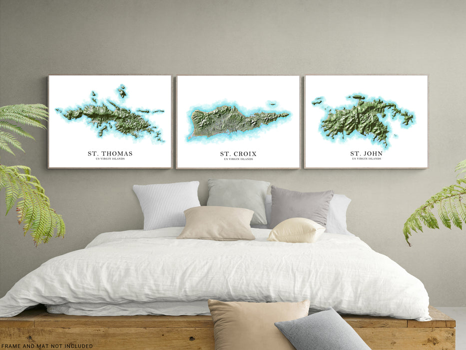 US Virgin Islands (St. Croix, St. John and St. Thomas) map prints/posters with a watercolour style design, main island roads and topographic landscape features by Maps As Art.