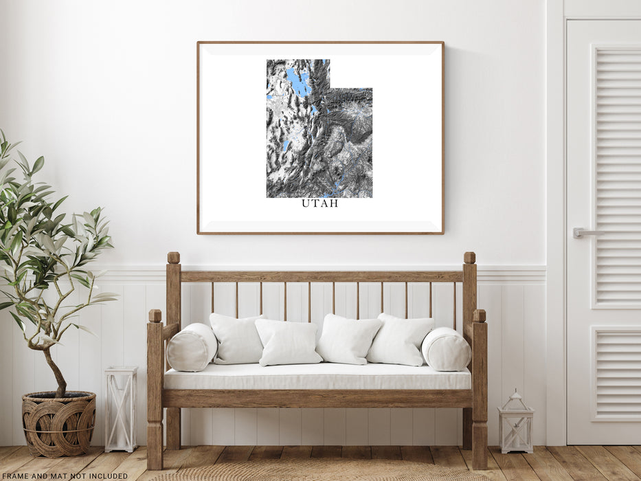 Utah state map print with a black and white topograhic design by Maps As Art.